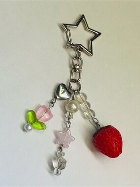 Handmade Star Keychain with Flower Charm and Strawberry